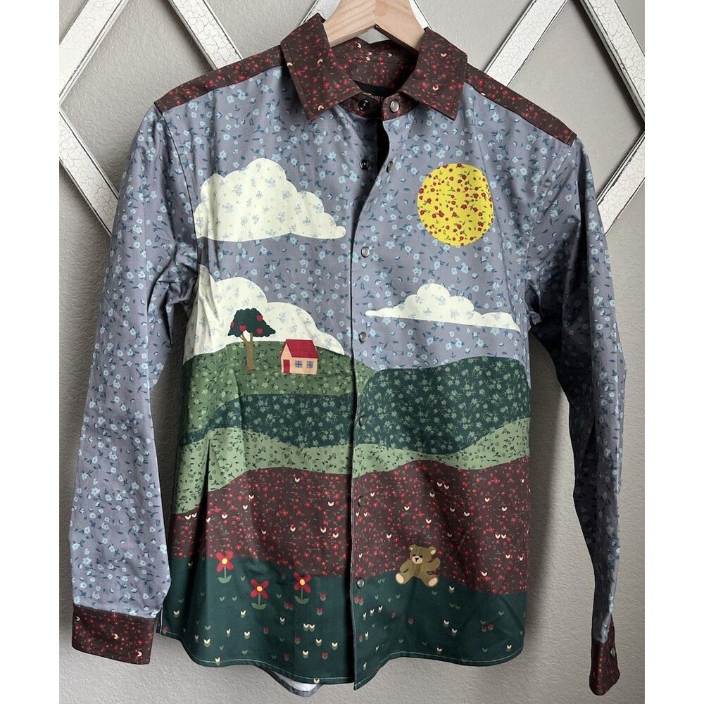 Teddy Fresh Men’s XS Pearl Snap Long Sleeve Shirt Floral Landscape